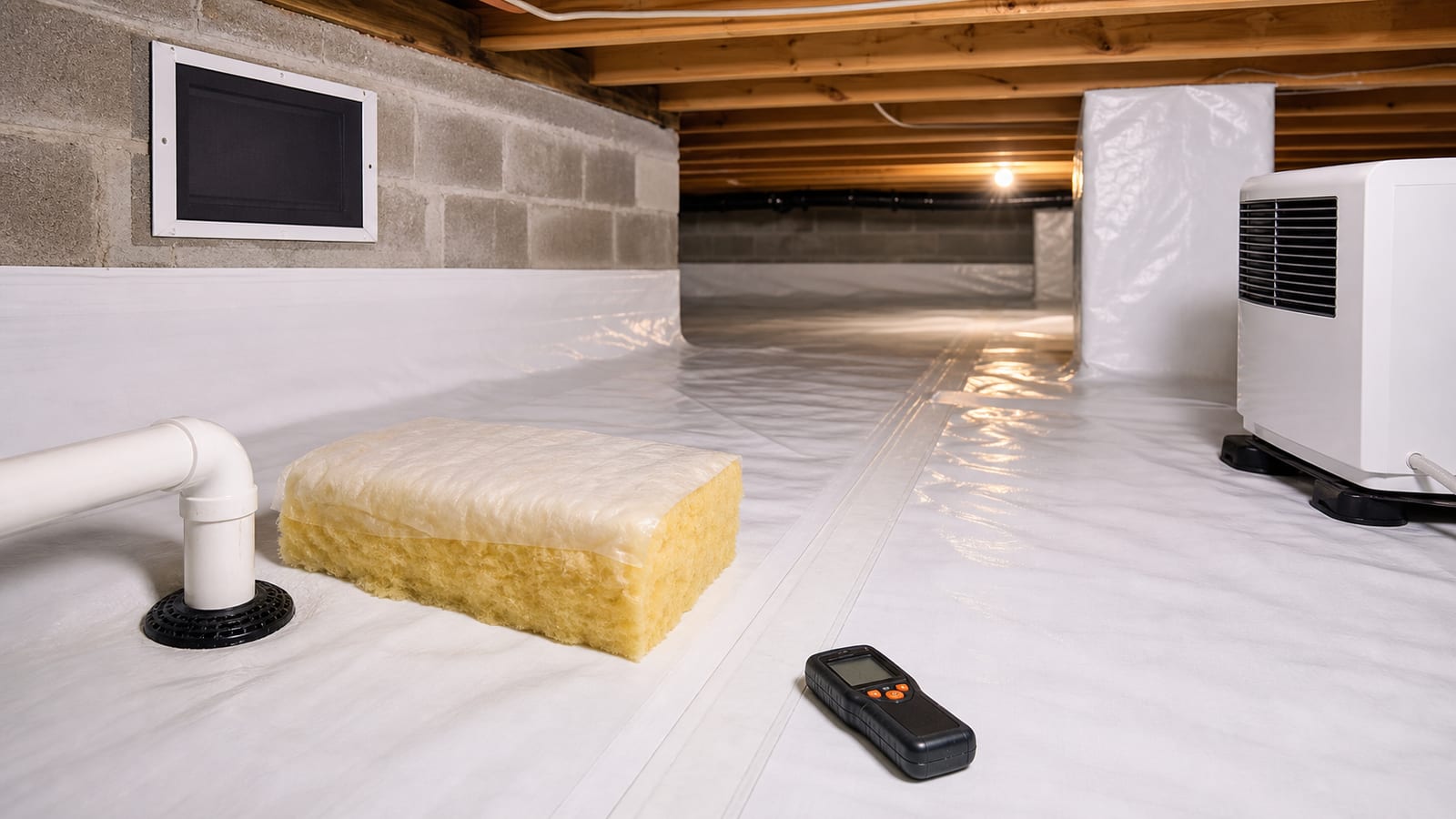 Crawl space liner, sealed vent, drain, insulation sample, dehumidifier, and moisture meter
