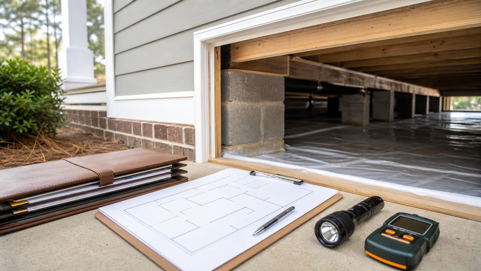 Crawl space access with blank inspection plan, flashlight, records folder, and moisture meter