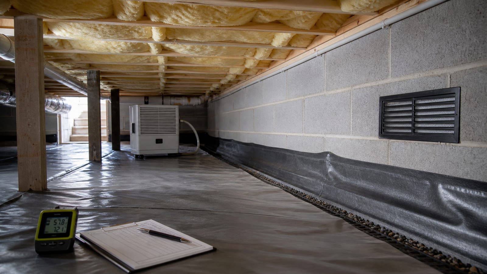 Crawl space moisture-control system with liner, drainage, dehumidifier, and humidity meter