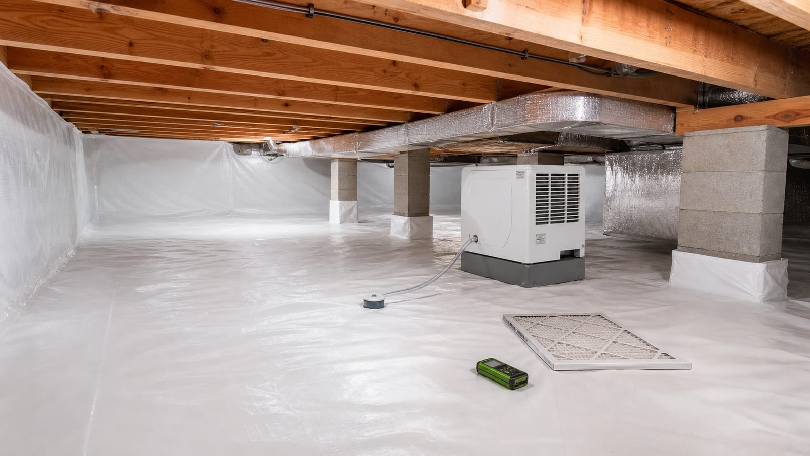 Clean encapsulated crawl space with dehumidifier filter and moisture meter ready for maintenance