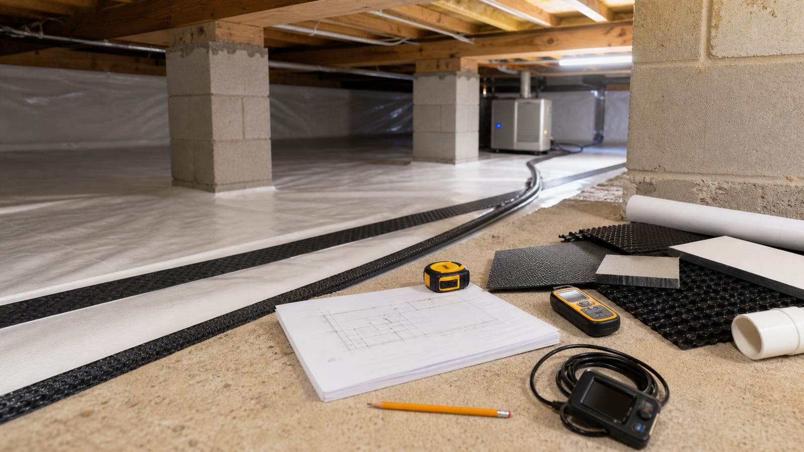 Crawl space project plan, moisture meter, tape measure, material samples, drainage, and dehumidifier
