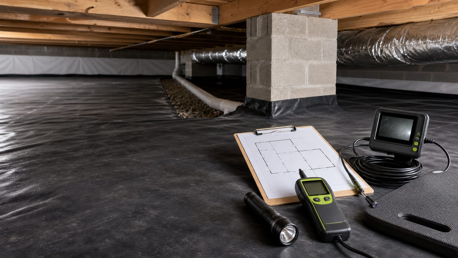 Crawl space inspection tools beside a clean vapor barrier and drainage detail