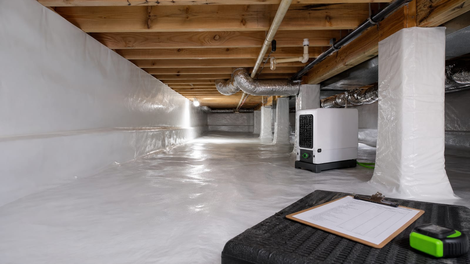 Clean encapsulated crawl space with dehumidifier and inspection clipboard