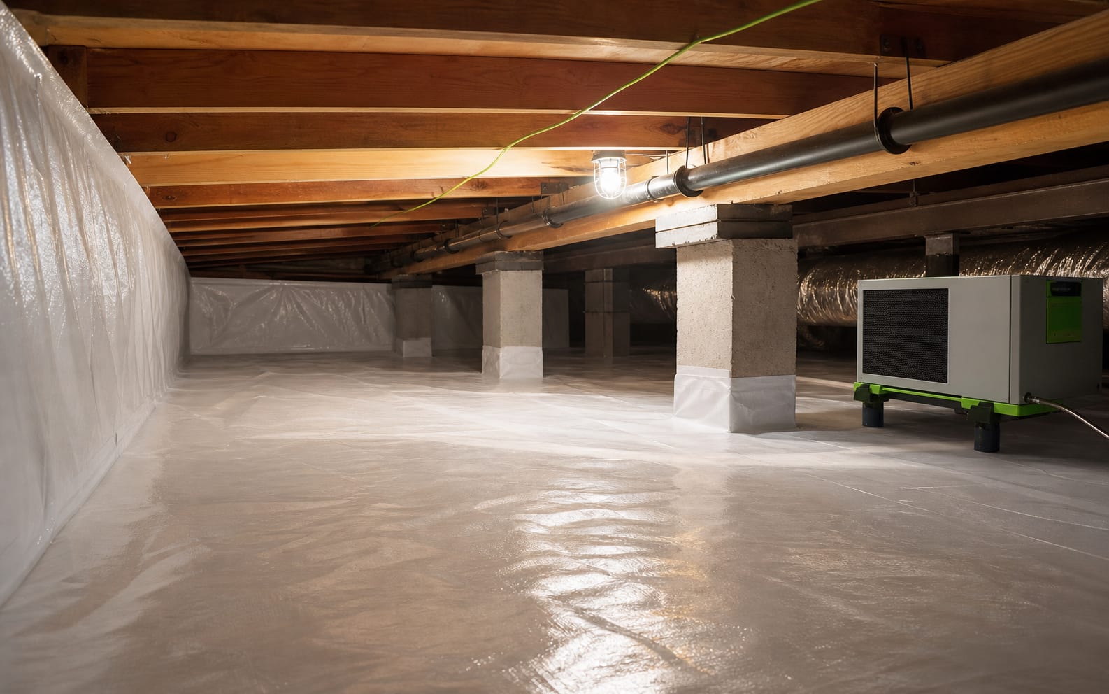 Clean sealed crawl space with vapor barrier, foundation piers, and dehumidifier