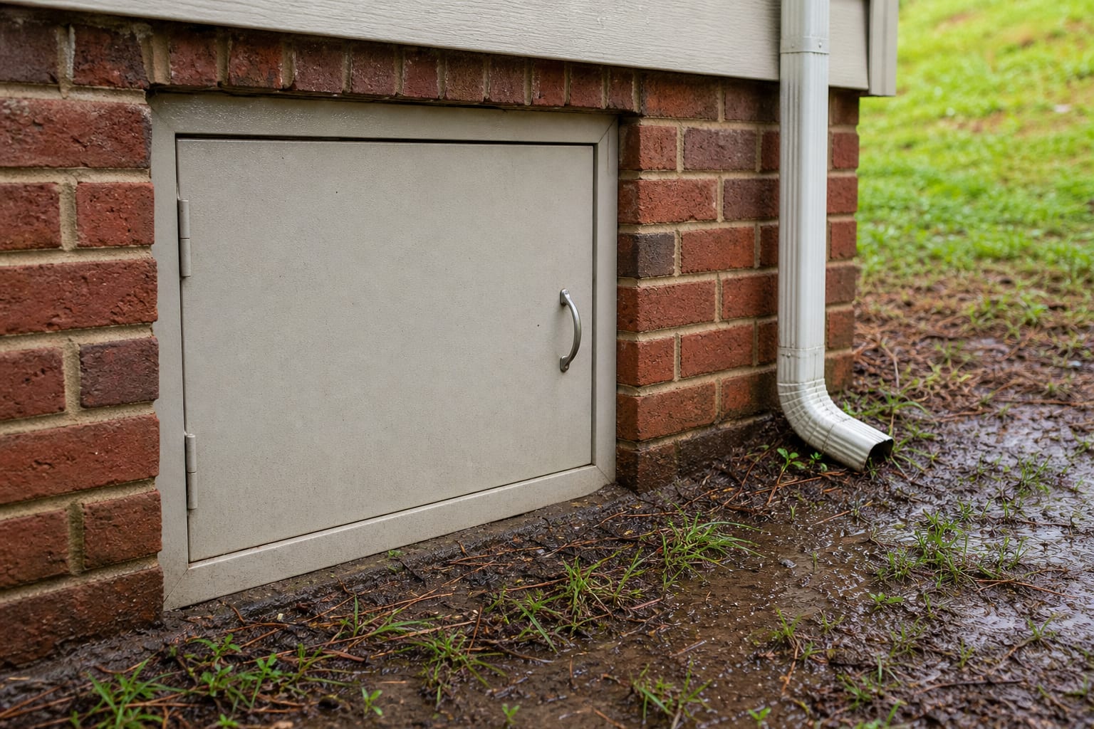 Brick crawl space foundation access with a nearby downspout after rain