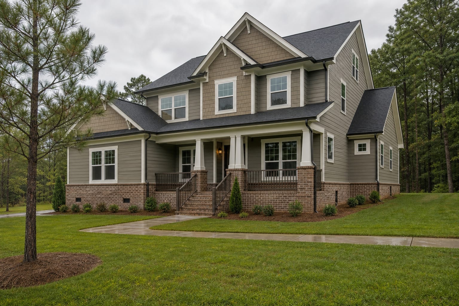 Newer two-story home with a vented brick crawl space foundation after rain