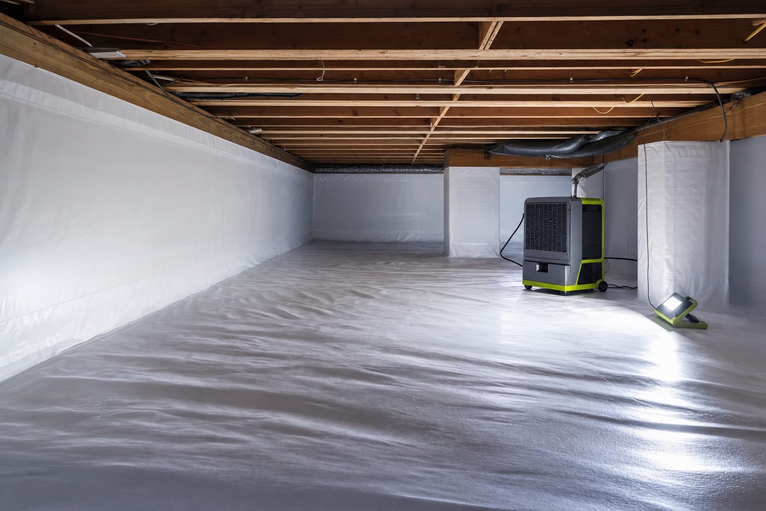 Sealed crawl space with a full vapor barrier and dehumidifier in Fuquay-Varina, NC