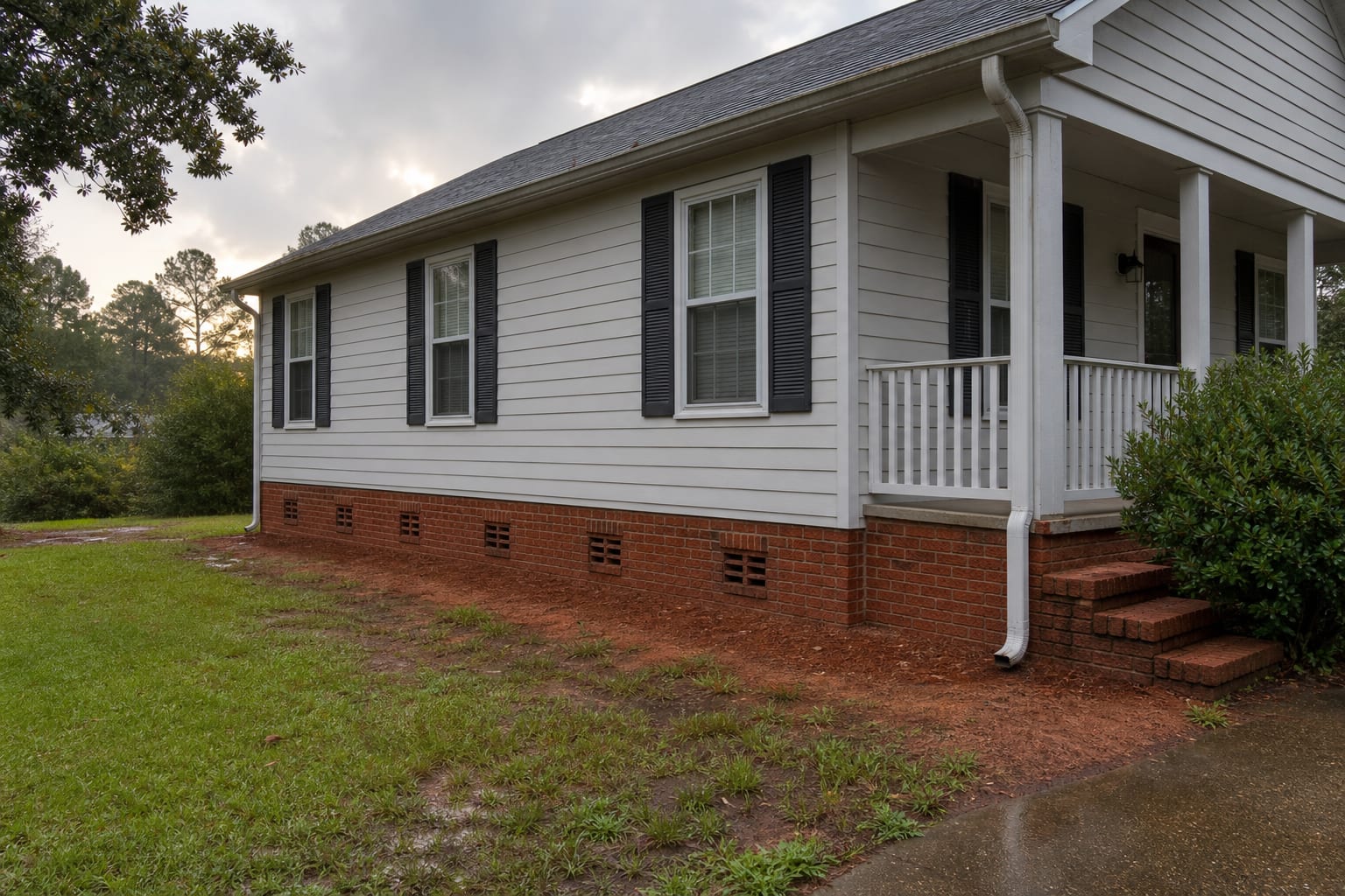 Modest small-town home with a vented foundation and damp red-clay lawn