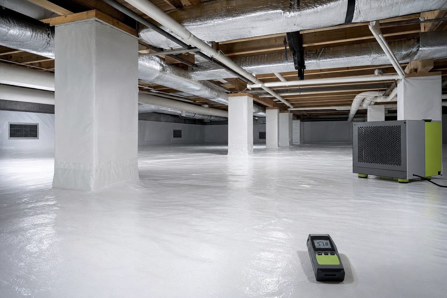 Sealed crawl space with a moisture reading on the vapor barrier floor