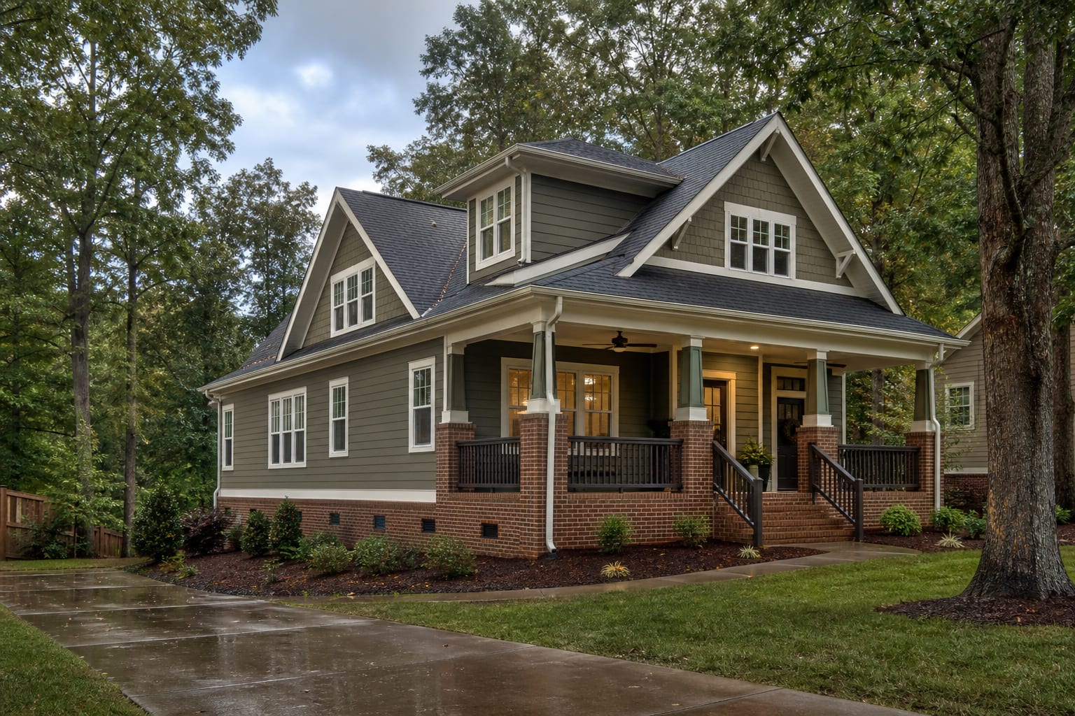 Craftsman-style home with a vented brick crawl space foundation after rain